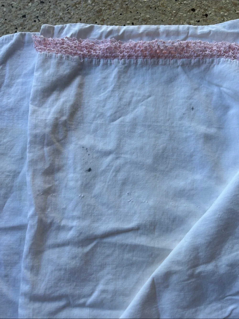 Vintage Pair of White Linen Pillowcase with Pink Lace Trim